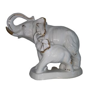 Large Vintage Elephant Figurine White with gold accents